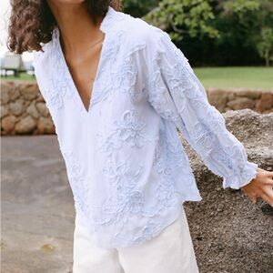 ZARA STRUCTURED BLUE & WHITE STRIPED
POPLIN V NECK BLOUSE SIZE XS NWT